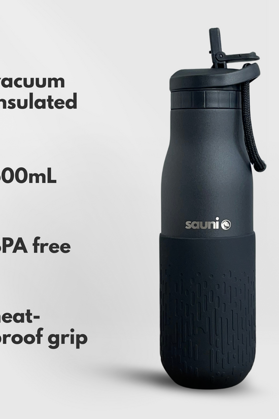Sauni Insulated Sauna Water Bottle - Stainless Steel, 500 mL (17.6 OZ) - Black